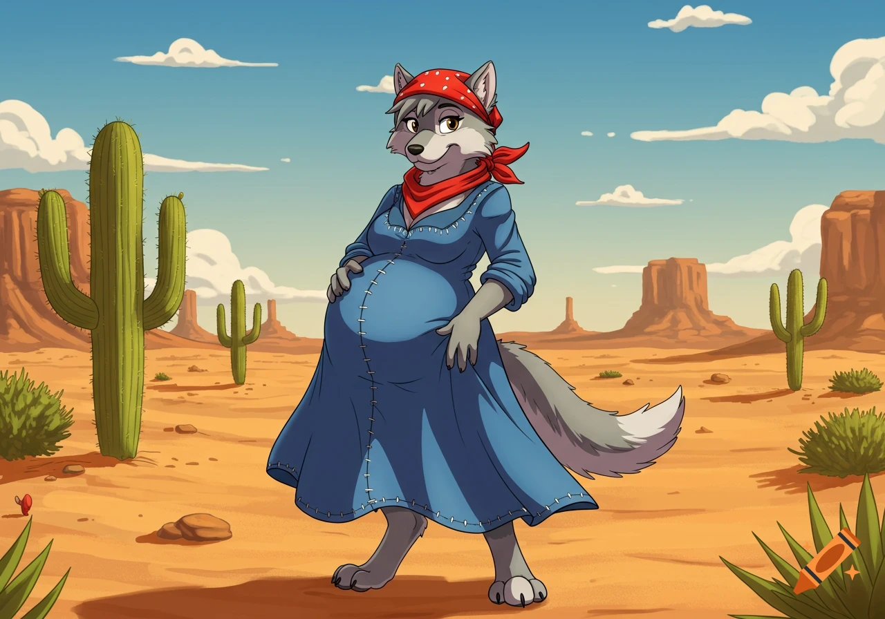 A cartoon drawing of a pregnant female wolf in a blue western dress and red bandana, standing in a desert landscape with cacti.