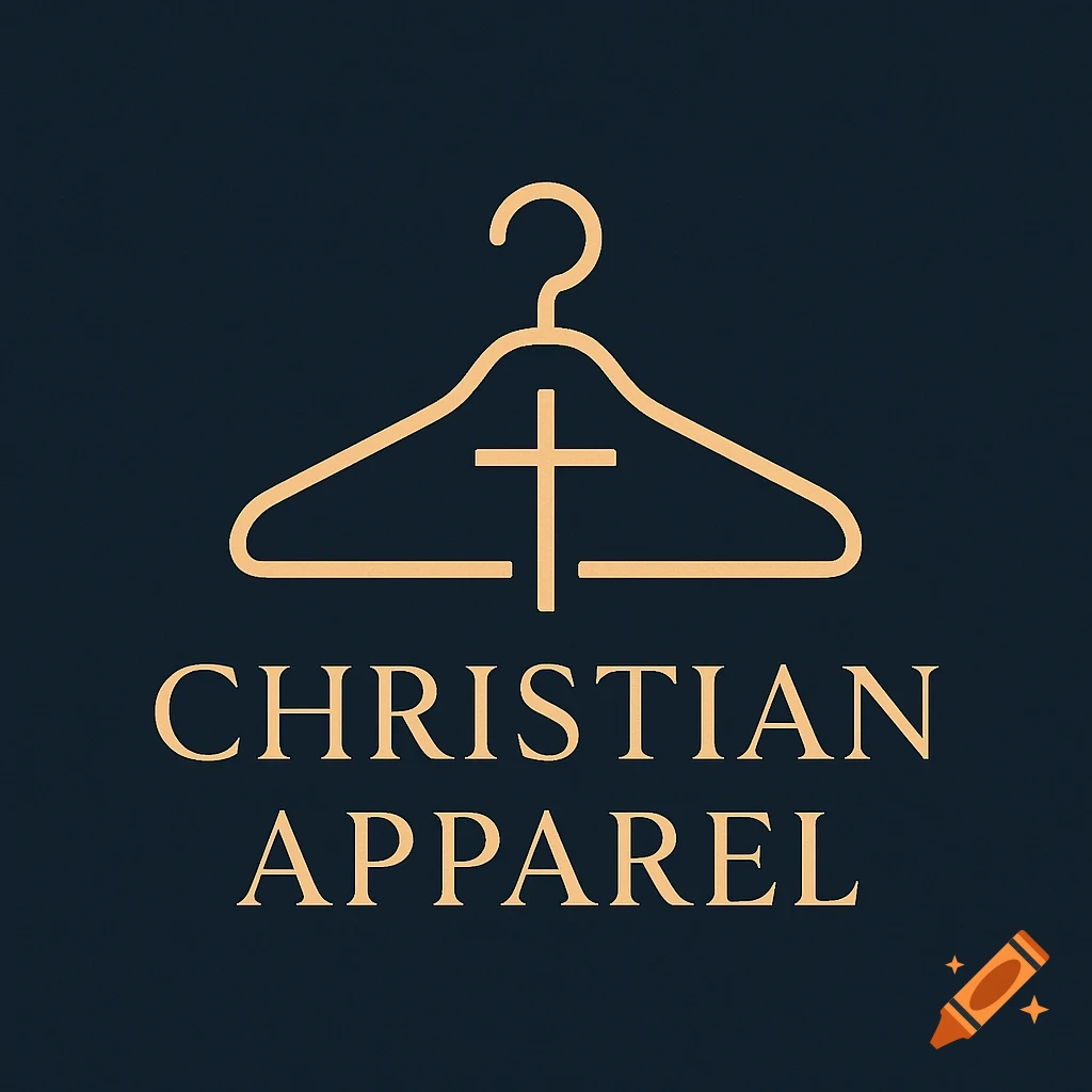 A golden outline logo for Christian apparel with a clothes hanger and a cross, above 'CHRISTIAN APPAREL' text on a dark background.