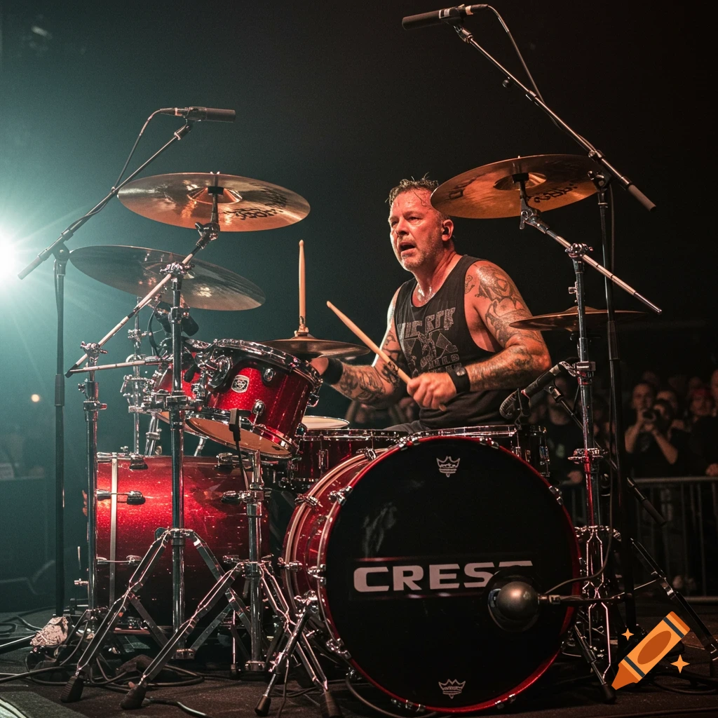 A male drummer plays a red sparkle drum kit on stage during a concert, with 'CREST' visible on the bass drum.