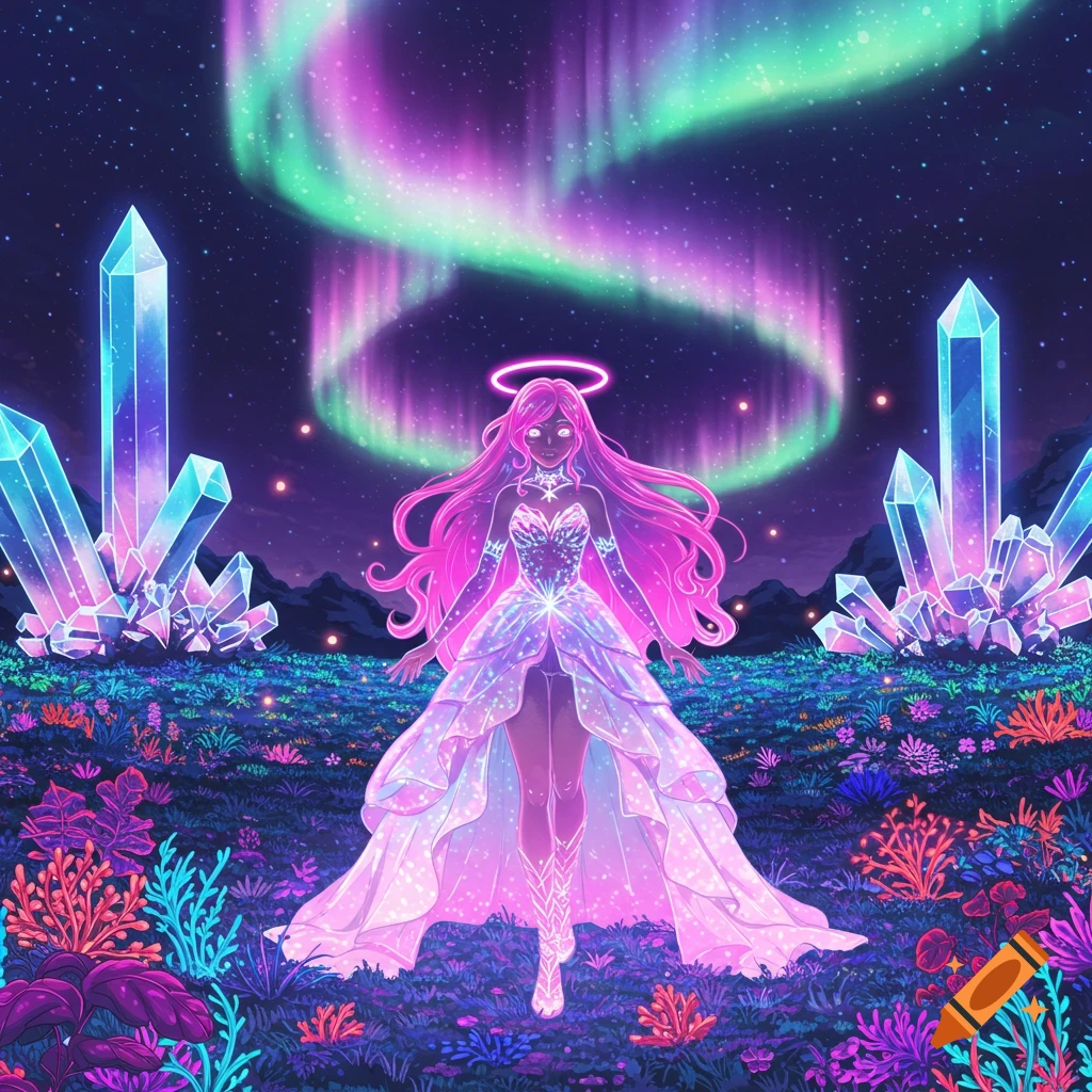 A glowing pink-haired anime girl in a sparkling dress stands in a fantasy landscape with giant crystals, luminous plants, and a vibrant aurora borealis.
