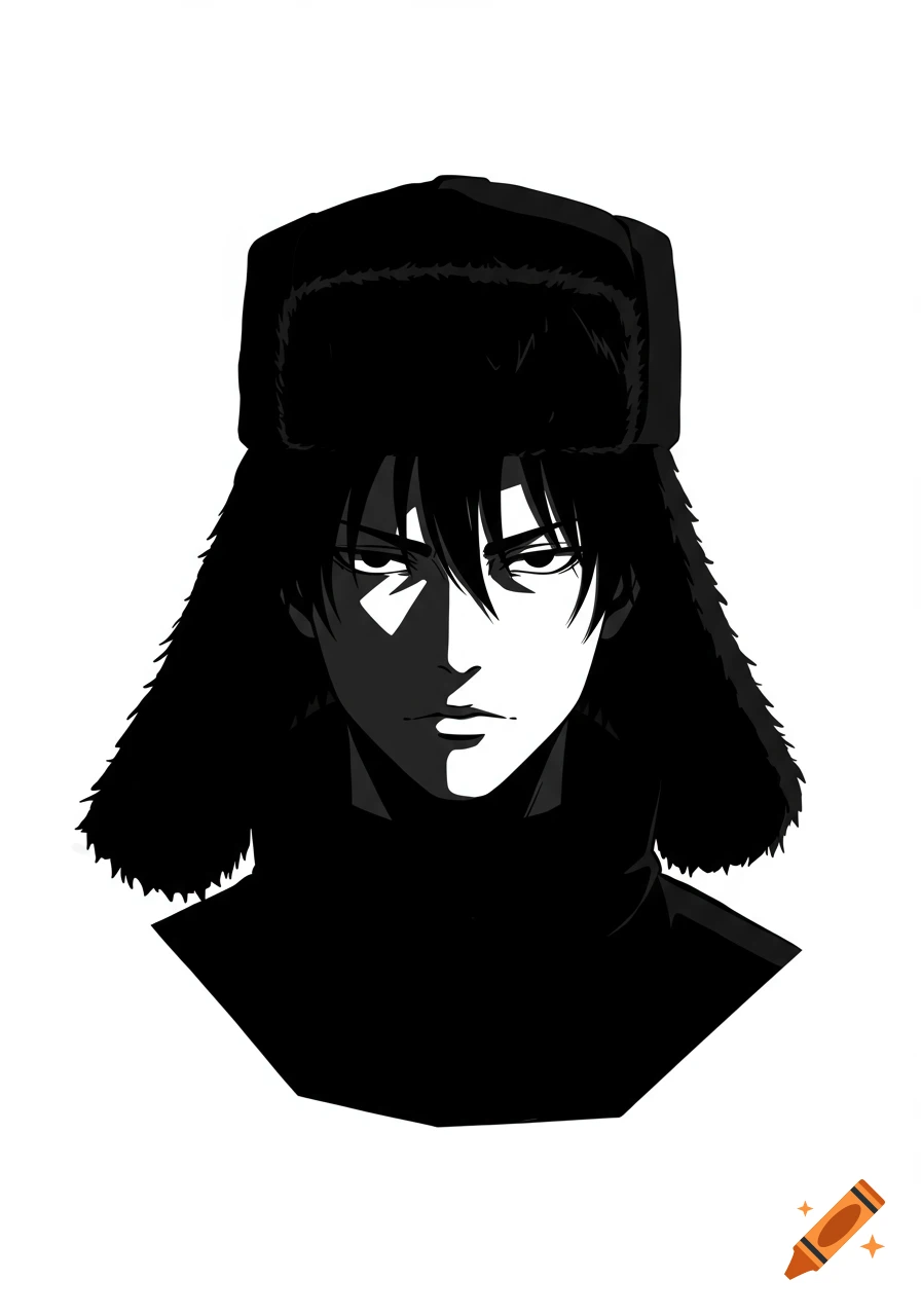 Black and white anime portrait of a stoic man wearing a black ushanka against a white background.