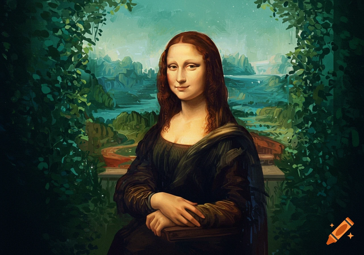Stylized painting of the Mona Lisa, a woman with a faint smile framed by green foliage and a vibrant landscape.