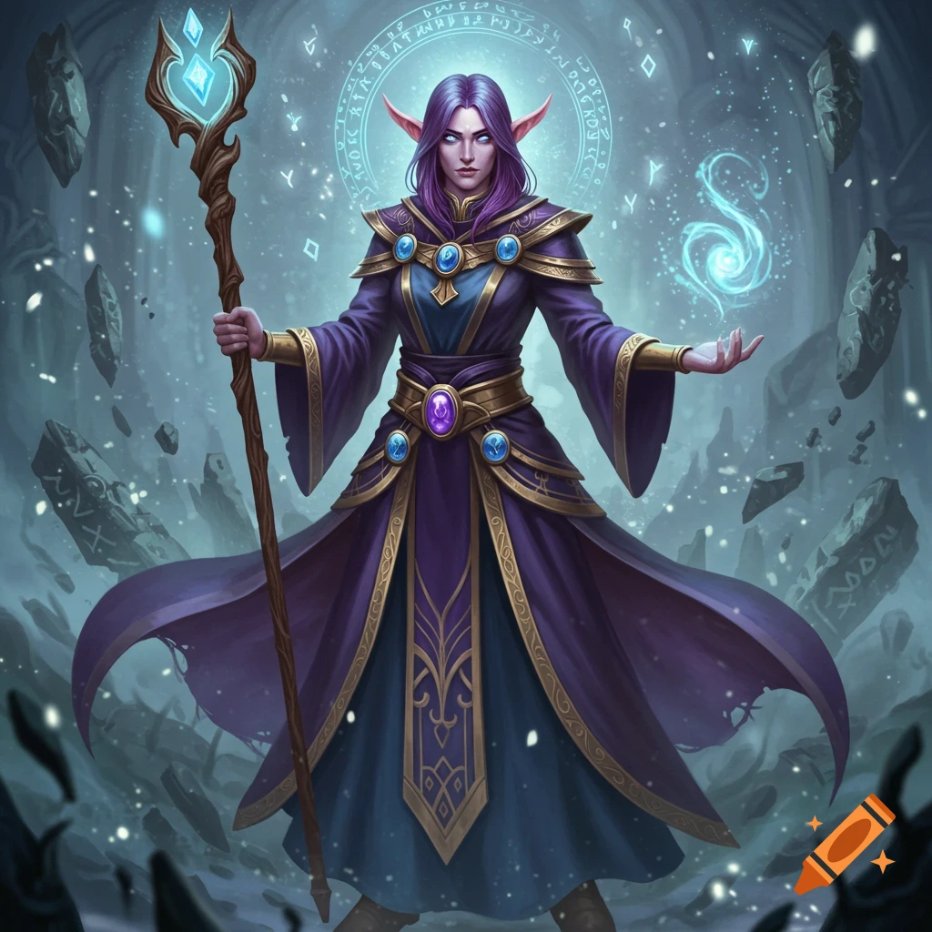 A female elf archmage with purple hair and glowing eyes, dressed in purple and gold robes, holding a staff, and casting a spell with her left hand amidst floating rocks and magic.