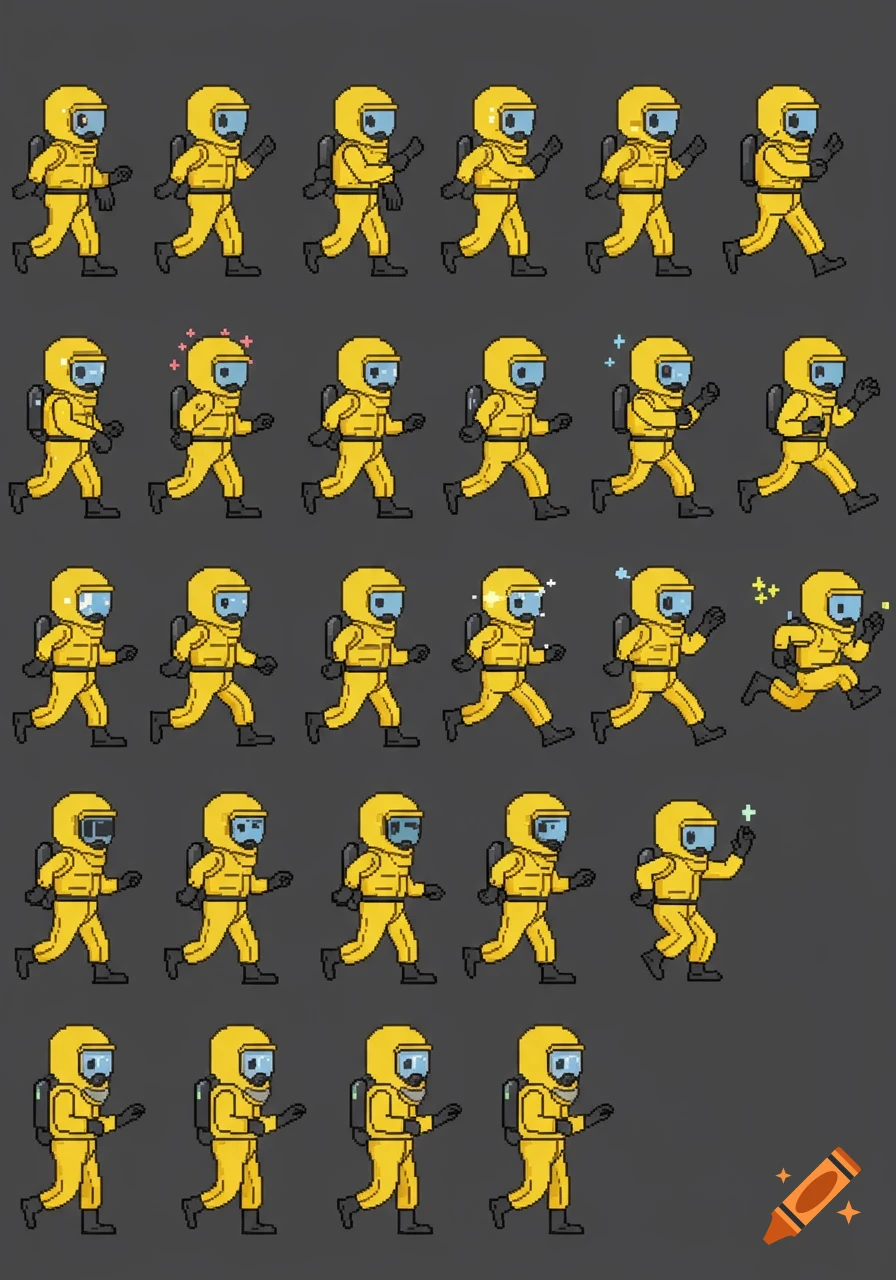 Pixel art sprite sheet featuring a scientist in a yellow hazmat suit with various animations like running, walking, and idling.