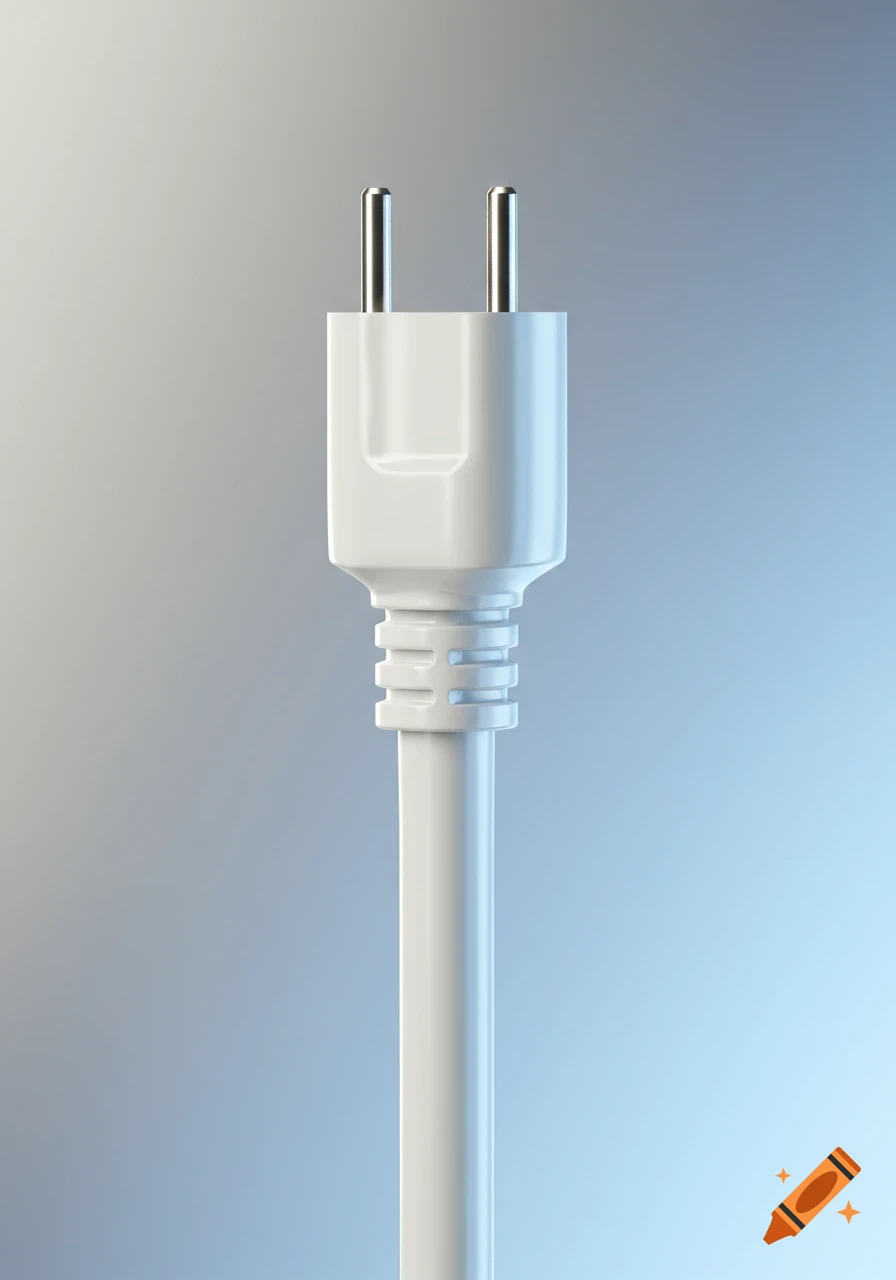 A close-up, vertical shot of a white power plug and its cord against a light, gradient background.
