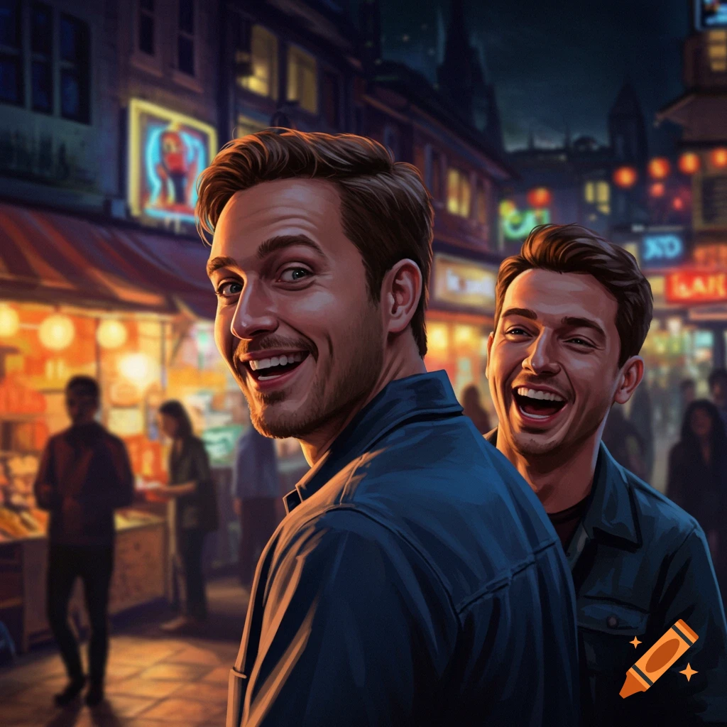 Two laughing men in a vibrant, bustling night market with neon signs, depicted in a digital painting style.