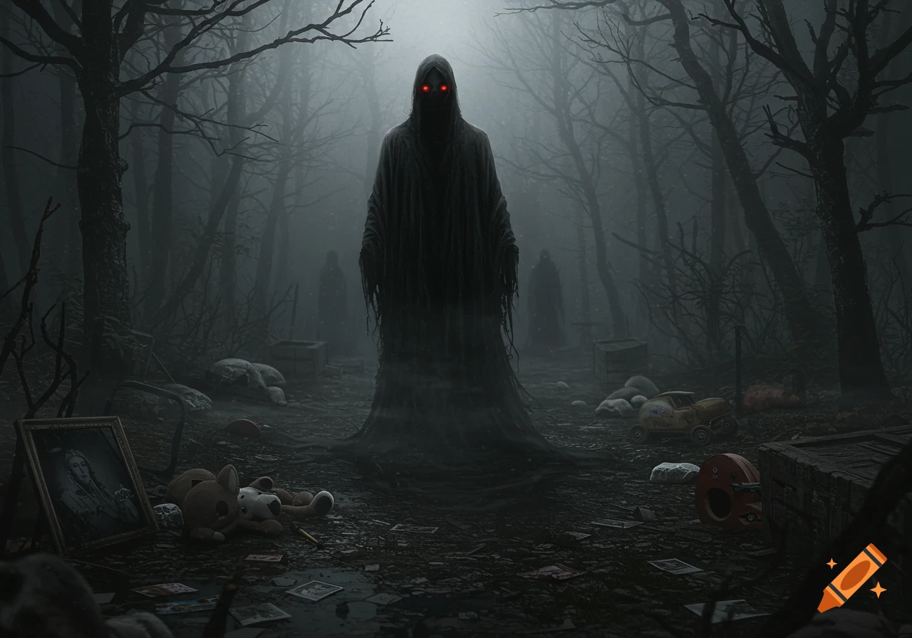 A dark, hooded figure with glowing red eyes stands in a desolate, foggy forest with gnarled trees and scattered abandoned toys.