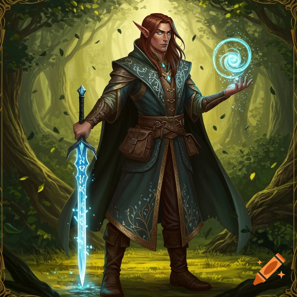 A male half-elf swordmage with long red hair stands in a forest, holding a glowing blue sword and casting a blue magical swirl.