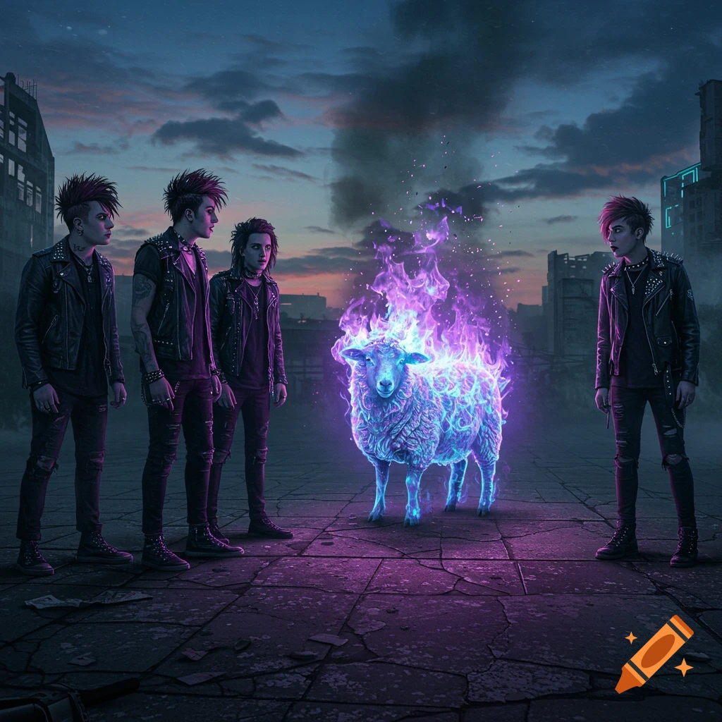 Four punk-rock individuals gaze at a sheep engulfed in purple flames in a dark, urban setting.