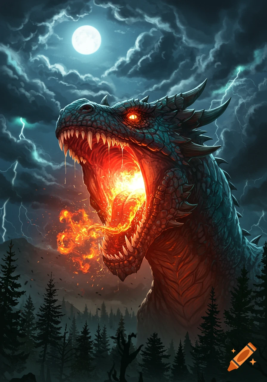 A fierce teal dragon breathing fire, roaring under a full moon and stormy sky with lightning over a dark forest, in a fantasy art style.