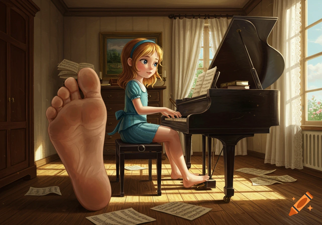 A cartoon girl with reddish-blonde hair plays a grand piano in a sunlit room, with a giant bare foot in the foreground.