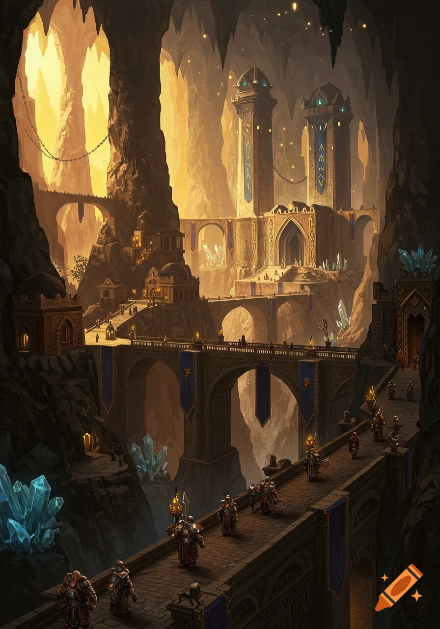 A massive dwarven city carved into a mountain, with grand bridges, illuminated towers, and warriors on patrol.