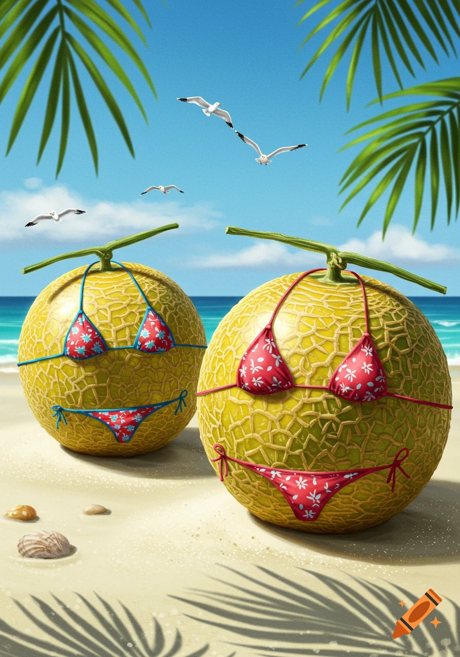 Two cantaloupe melons wearing bikinis on a sunny beach with palm leaves and seagulls.