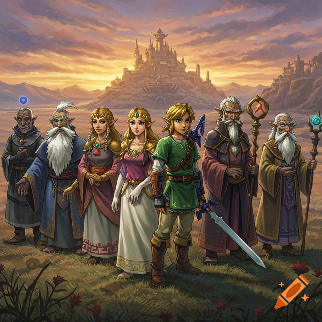 Link, Princess Zelda, and several Sages stand in a grassy field with a castle under a sunset sky in a fantasy art style.