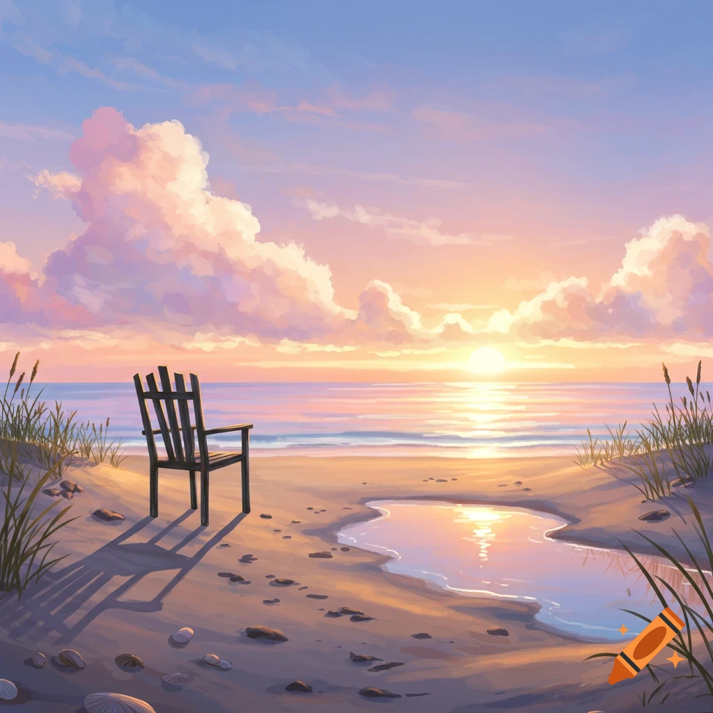 A digital painting of a wooden chair on a sandy beach at sunset, with a tranquil ocean, a small tidal pool, and colorful clouds.