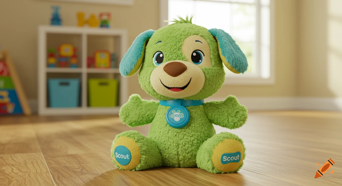 A green plush dog toy named Scout with blue ears and collar sits on a wooden floor in a brightly lit room.