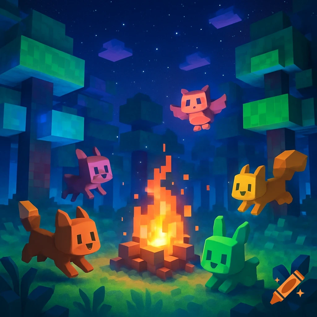 Blocky pixelated animals, including foxes, a squirrel, rabbit, and owl, gather around a campfire in a dark forest at night.
