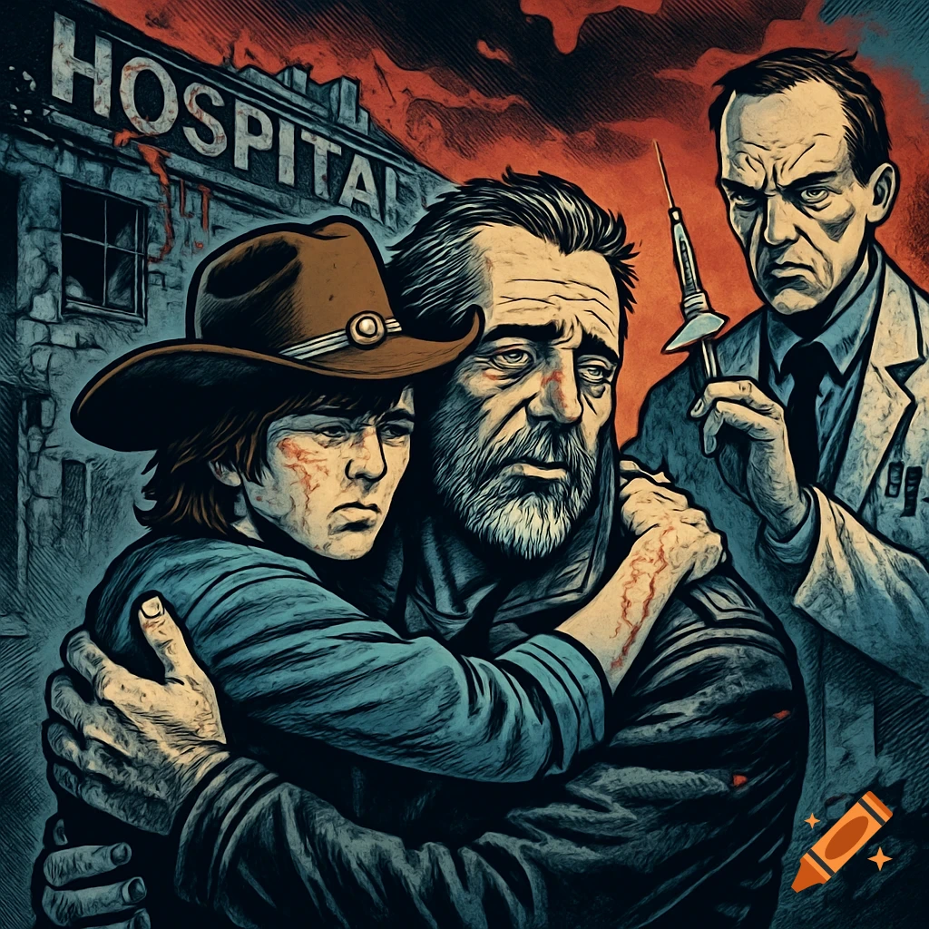 Comic style illustration of a distressed man hugging a younger person, a menacing doctor with a syringe, and a hospital in the background.