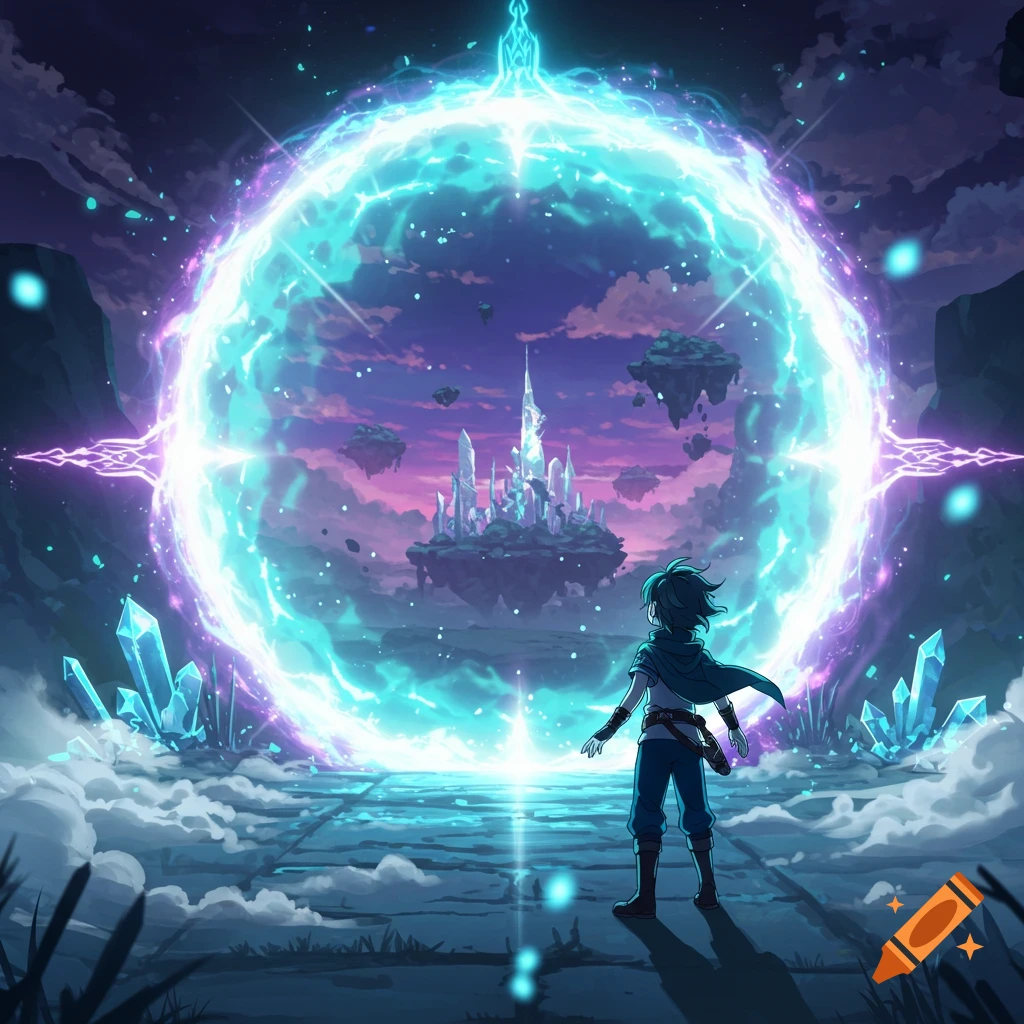 An anime character stands before a large, glowing blue and purple energy portal, with a floating fantasy city in the background.