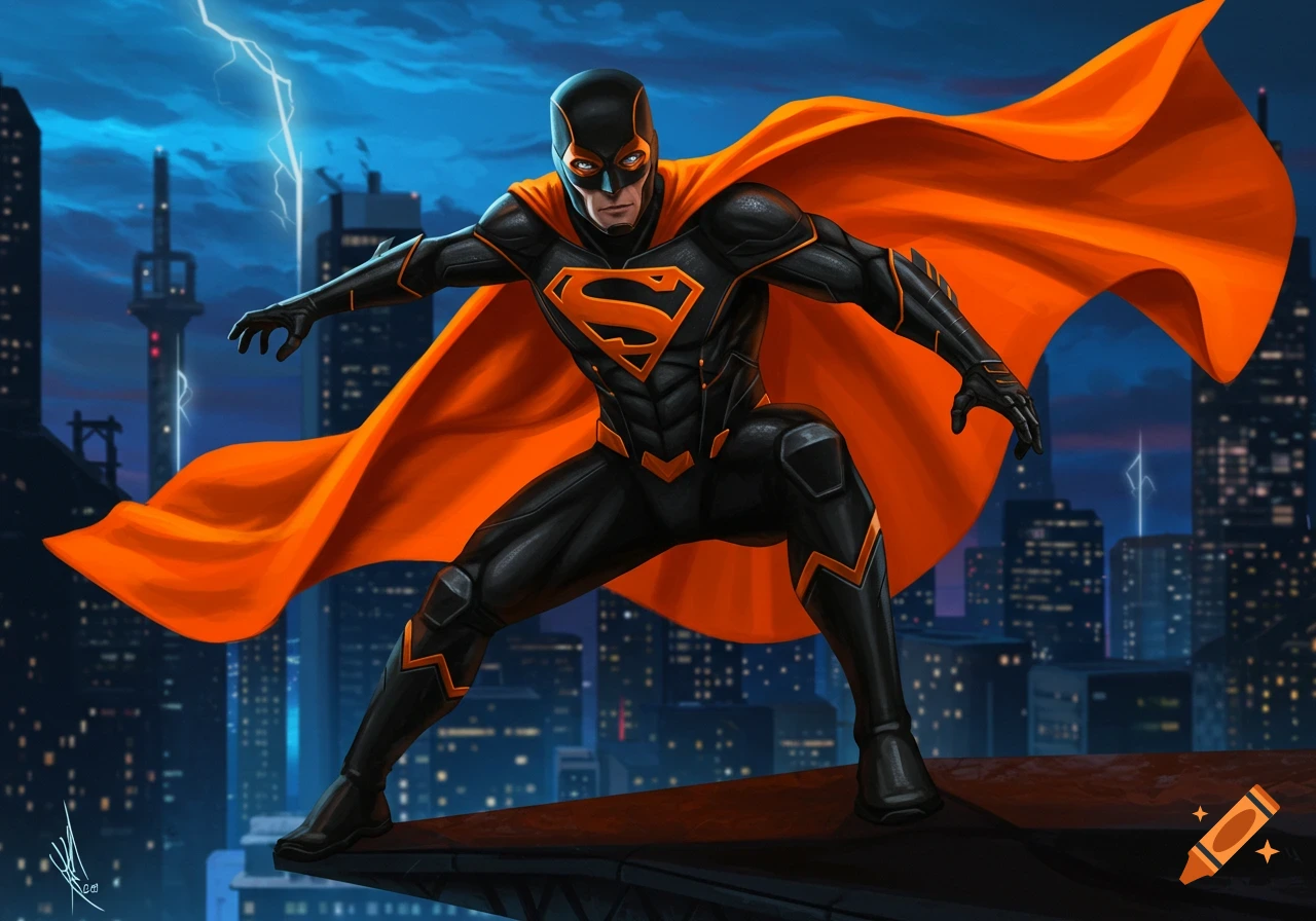 A superhero in a black and orange suit with a flowing orange cape stands on a rooftop overlooking a city with lightning in the sky.