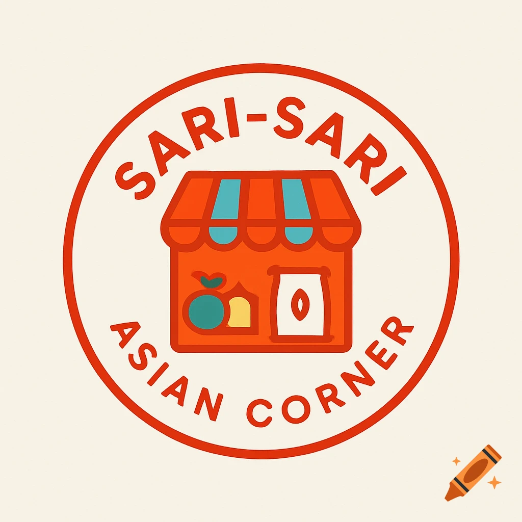 Minimalist logo for Sari-Sari Asian Corner store, featuring a red outlined grocery store icon with produce, within a red circular border.
