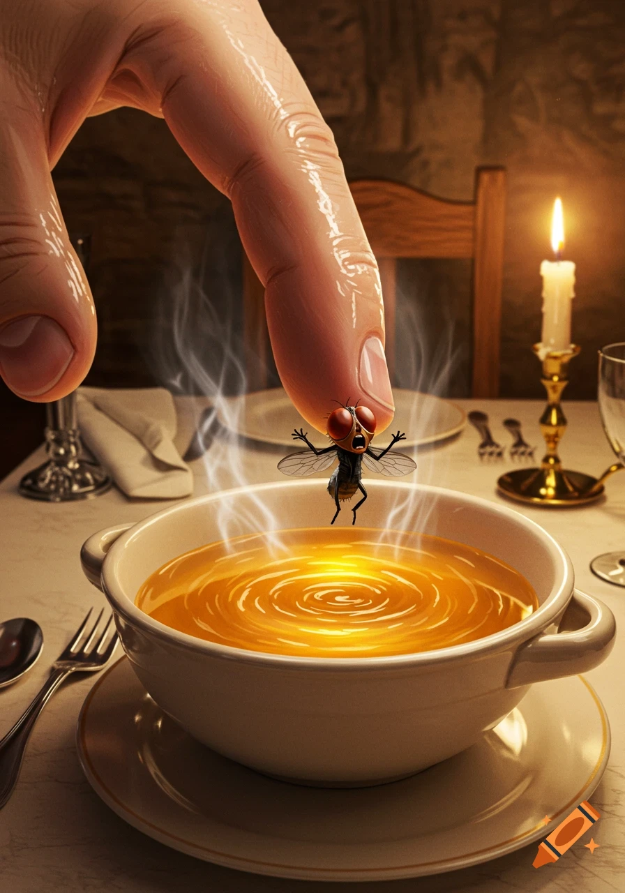 A giant human finger dips a tiny, frightened fly into a steaming bowl of soup on a dinner table with a lit candle.