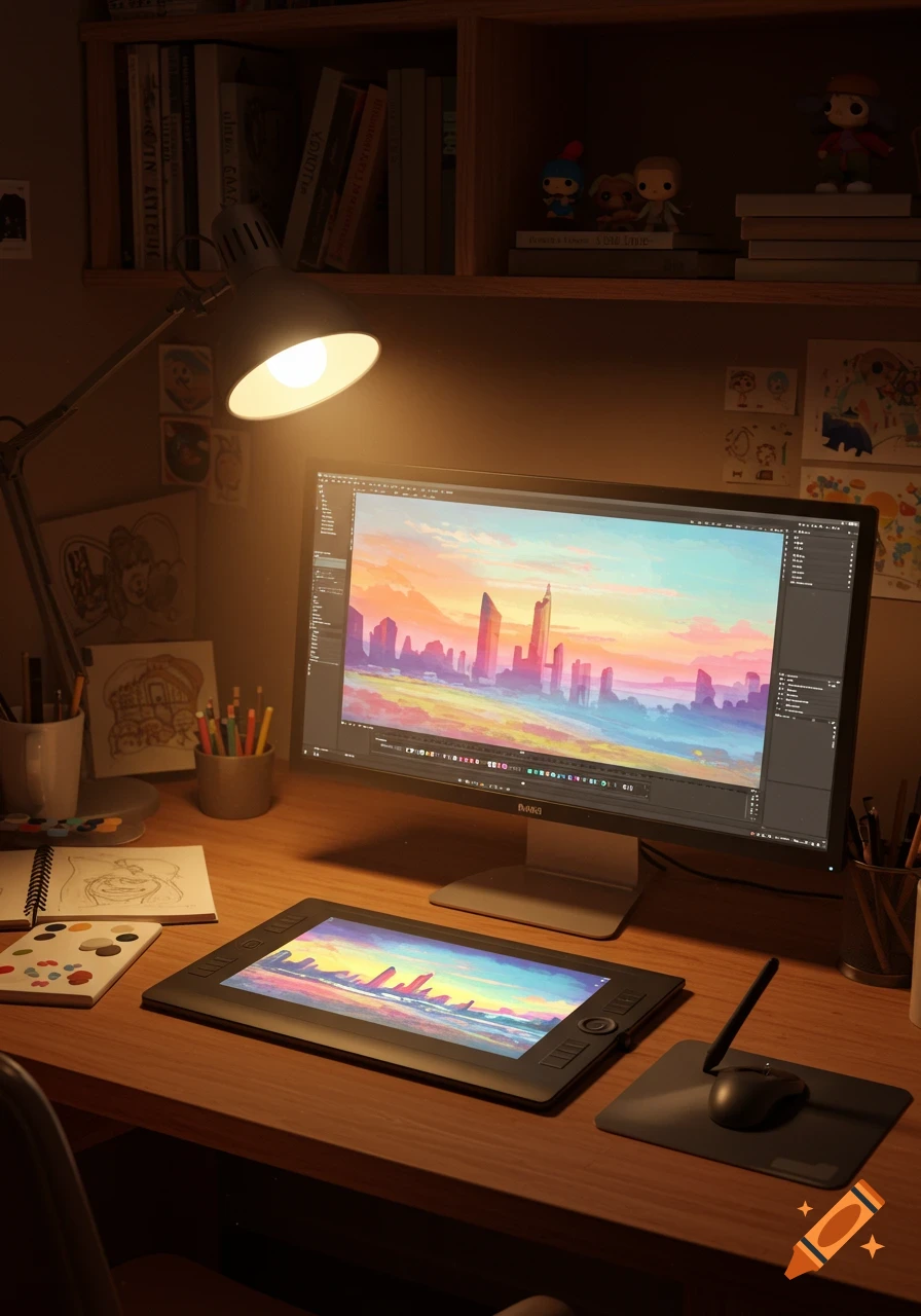 A dimly lit digital art workspace with a large monitor displaying a colorful cityscape, a drawing tablet, desk lamp, and art supplies.