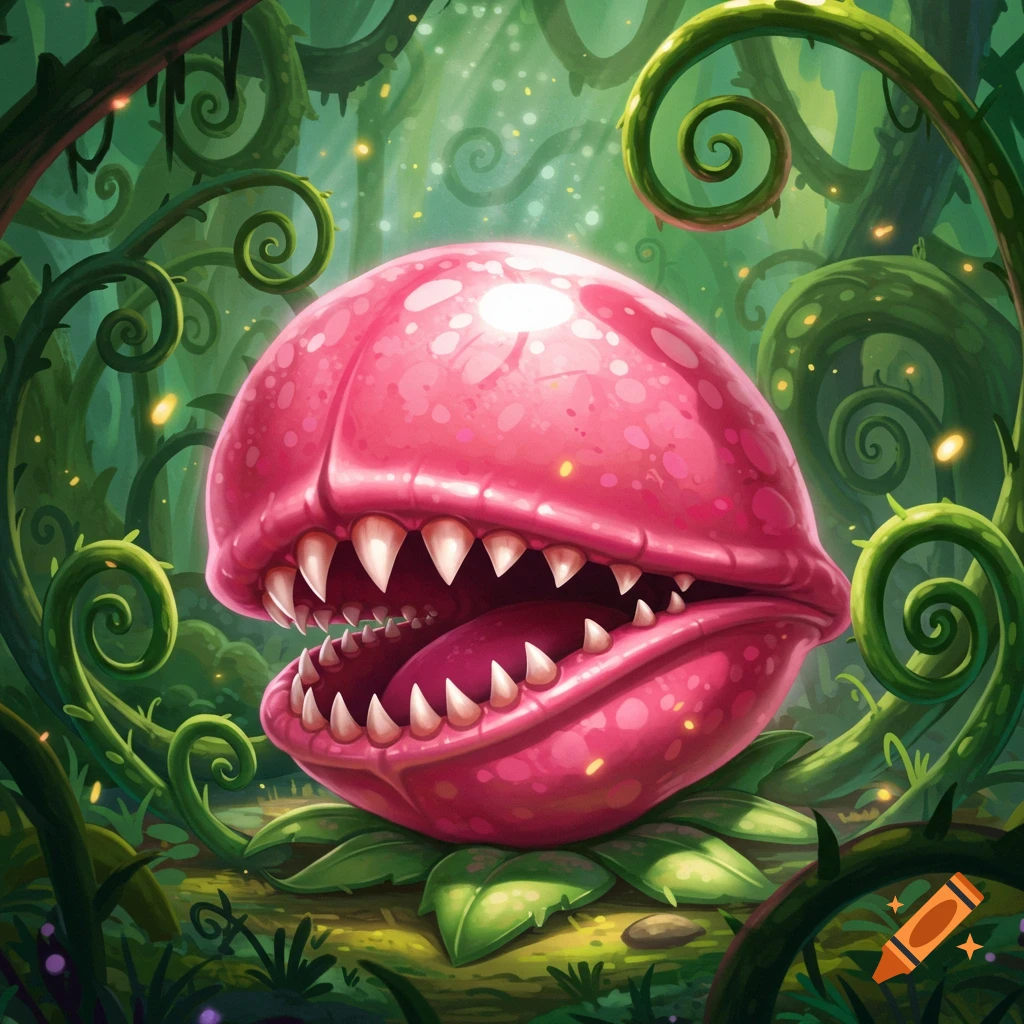 A vibrant pink carnivorous plant with sharp teeth and a tongue, surrounded by green vines and glowing particles in a lush forest.