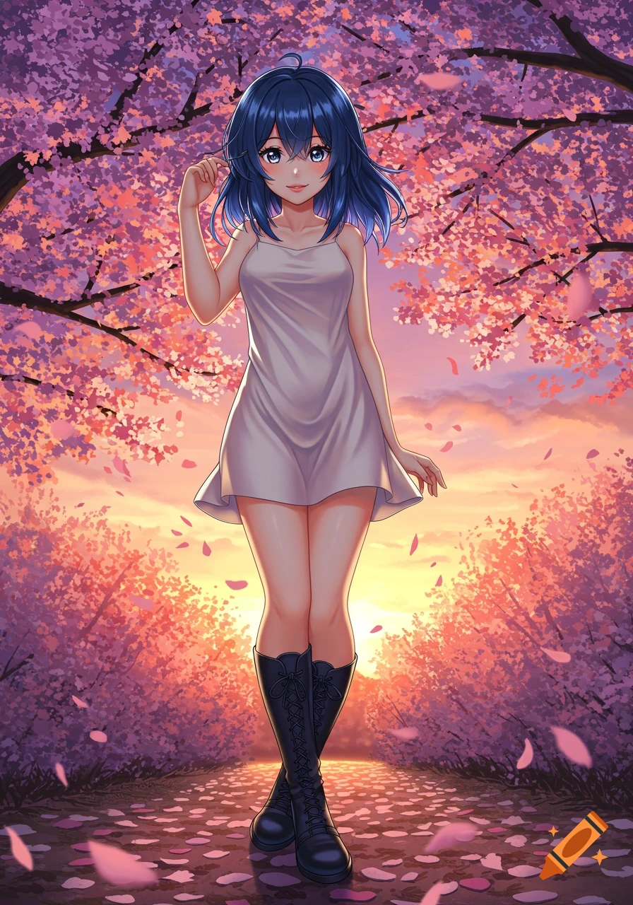Anime girl with blue hair in a white dress and black boots, standing on a cherry blossom path at sunset.