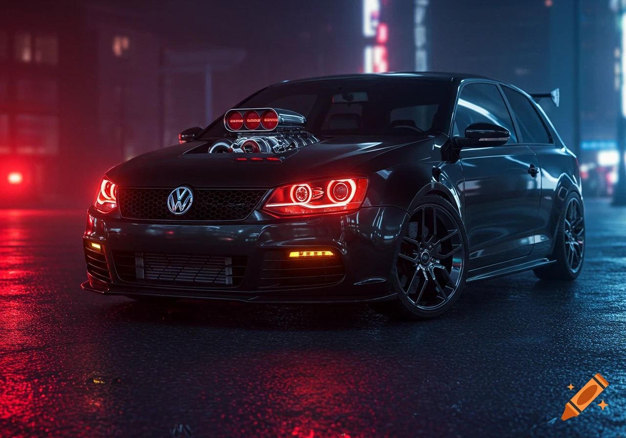 A black modified Volkswagen Jetta with a supercharger protruding from the hood, glowing red headlights, and a spoiler, parked on a wet street at night with city lights reflecting.