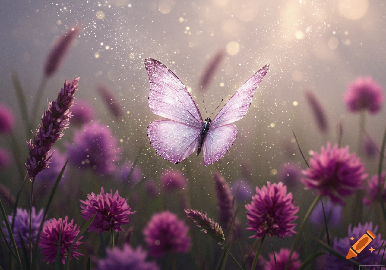 A lavender glittery butterfly flies amidst purple flowers, with sparkling light in a soft, ethereal background.