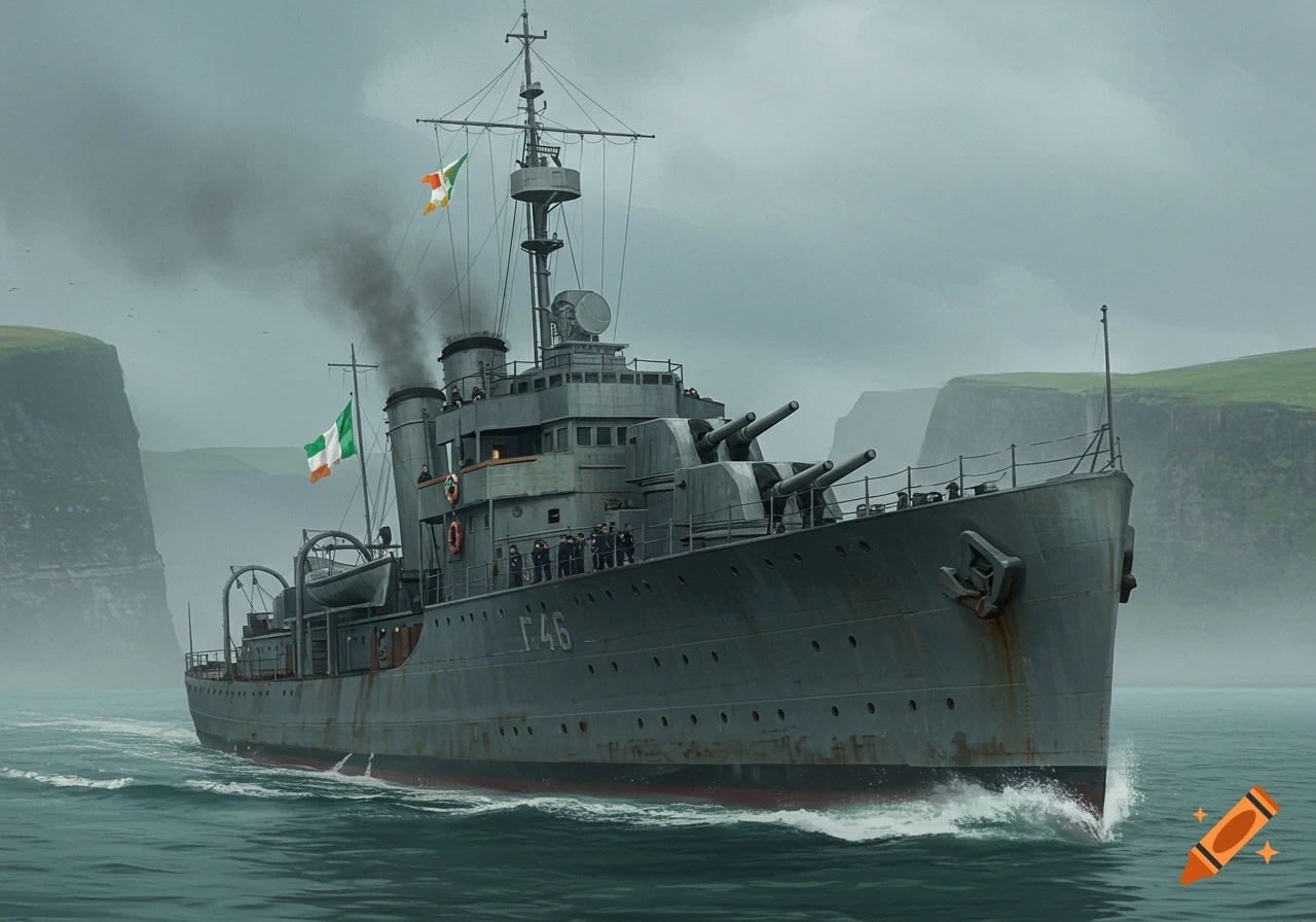 A grey military ship, possibly a destroyer or corvette, with Irish flags flying, sails through choppy waters past tall cliffs under a cloudy sky. The ship has visible guns and radar equipment.