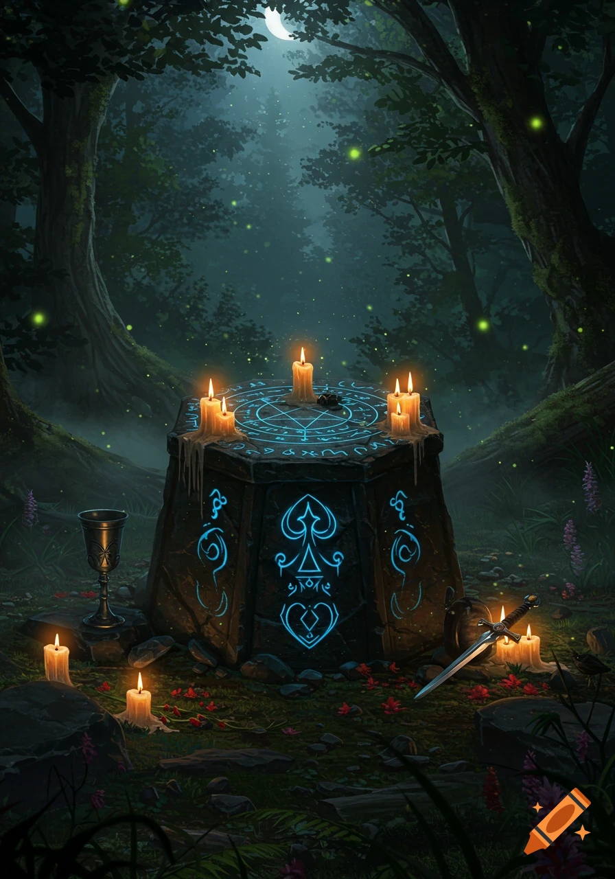An atmospheric, moonlit forest scene with a stone ritual altar glowing with blue symbols, surrounded by candles, a sword, and a goblet.