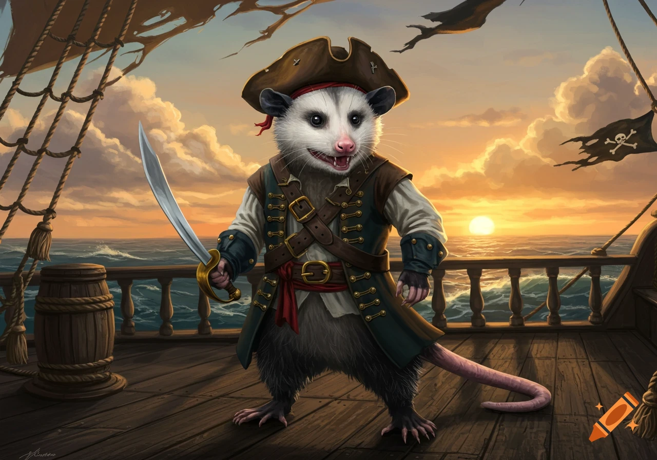 A digital illustration of an opossum dressed as a pirate, holding a sword, standing on a ship's deck at sunset over the ocean.