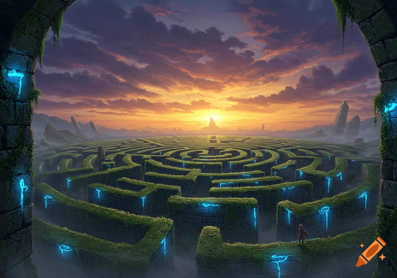 A small figure stands in a vast, overgrown stone maze with glowing blue patterns under a dramatic sunset sky.