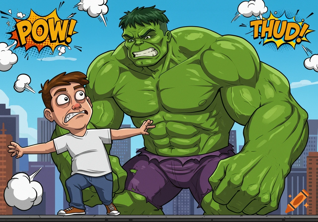 Cartoon of a terrified small man confronting an angry green Hulk in a city, with comic sound effects 'POW!' and 'THUD!'.