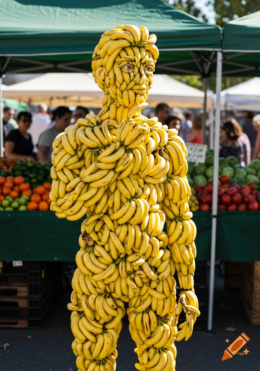 A human-like figure made entirely of yellow bananas stands in a bright outdoor market with fruit stalls.