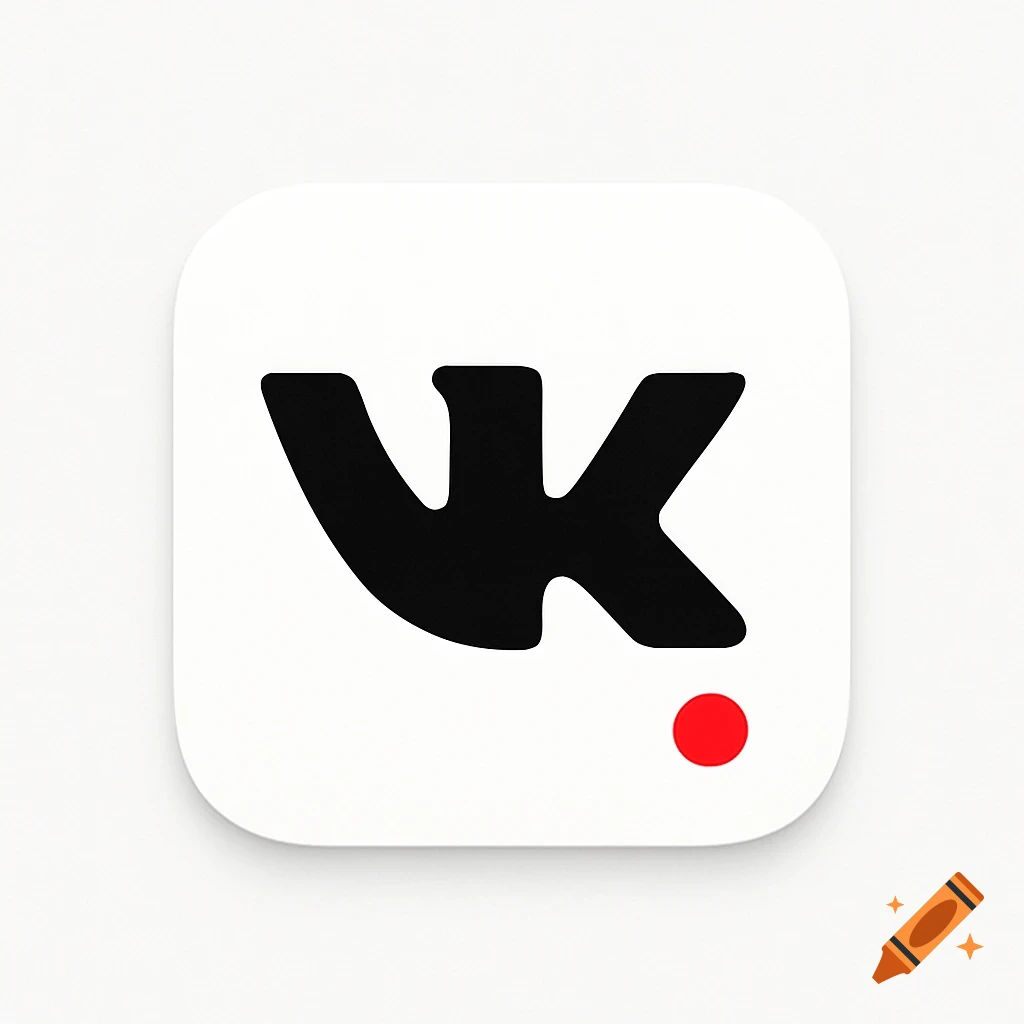 Minimalist black VK logo with a red dot on a white rounded square background, app icon.