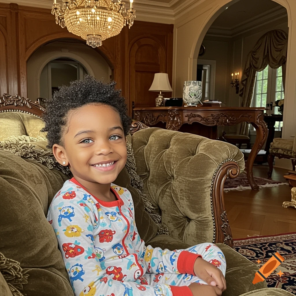 A smiling boy with green-gray eyes and an afro, wearing pajamas, sits on a couch in a luxurious mansion.