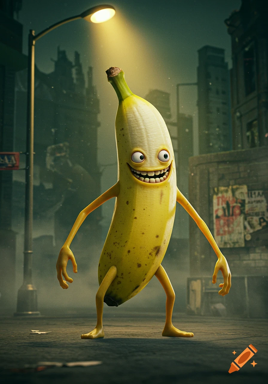 A creepy, anthropomorphic banana character with a wide grin stands on a dark city street under a streetlight.