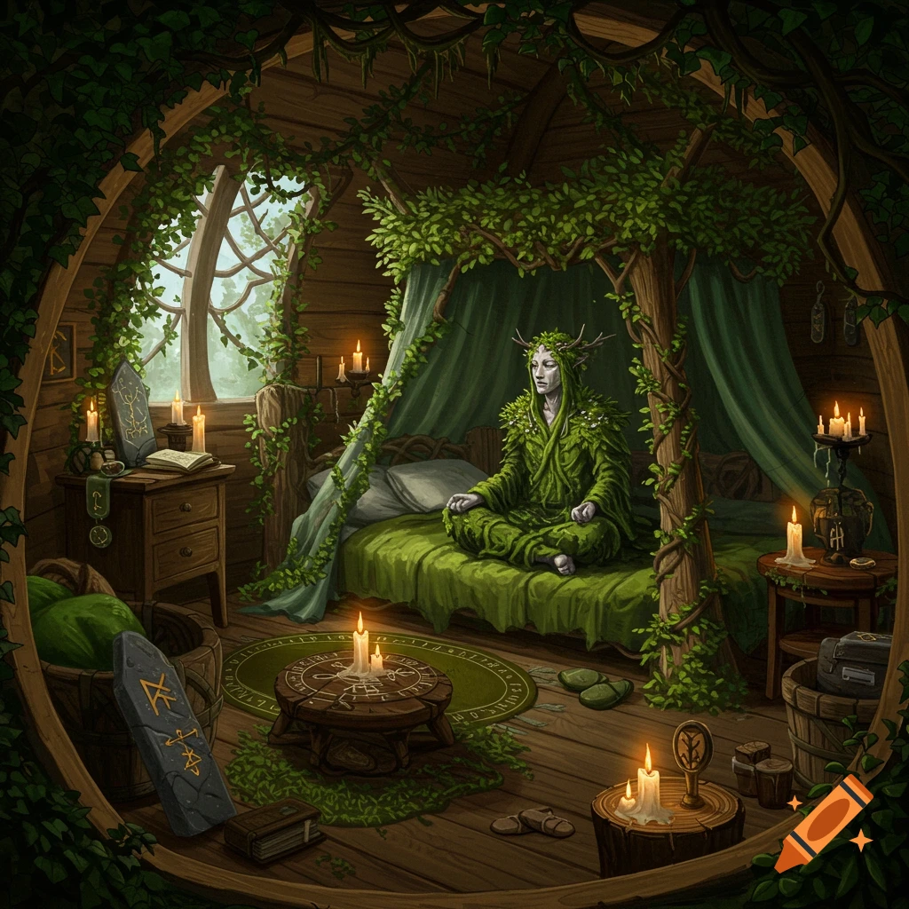 A nature spirit or druid sits cross-legged on a leafy bed in a cozy, plant-filled wooden room with candles and mystic symbols.