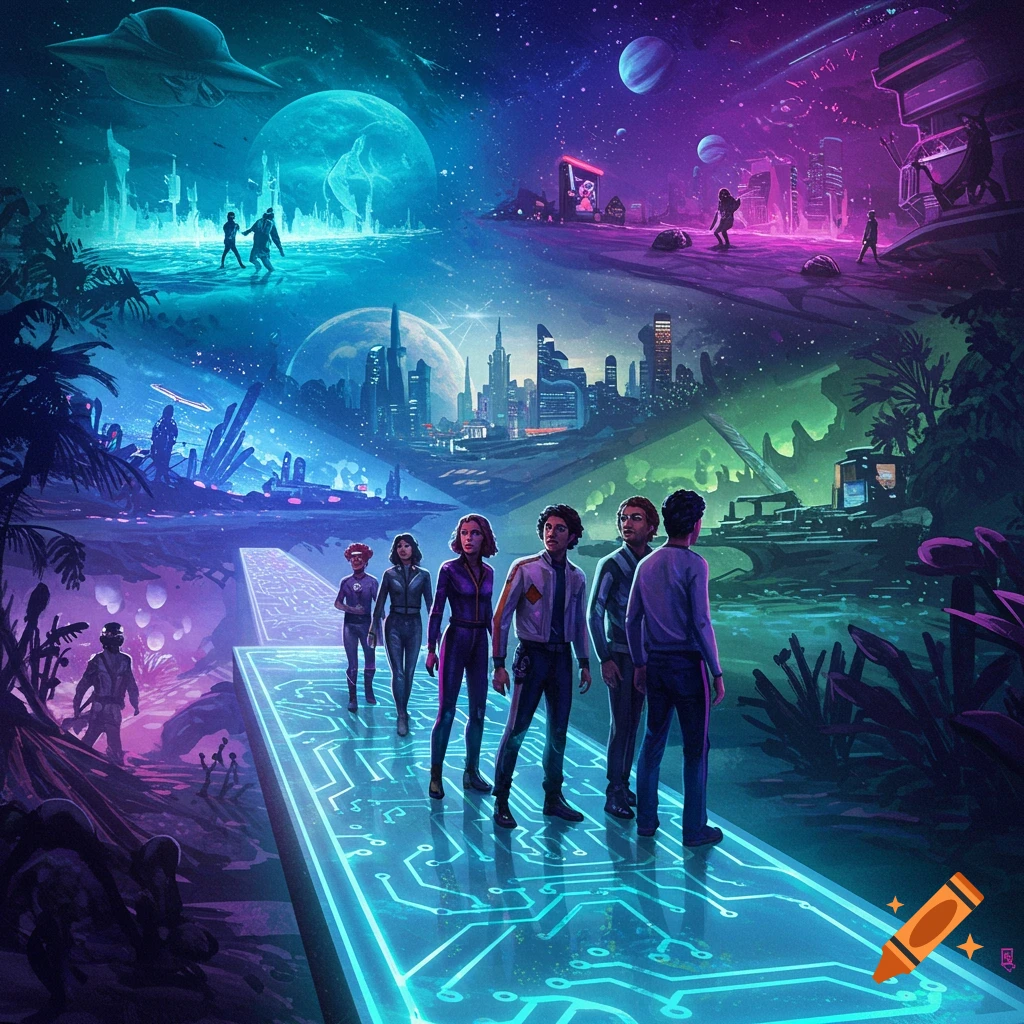 A group of diverse people walk on a glowing circuit path through a vibrant sci-fi landscape with futuristic cities and planets.