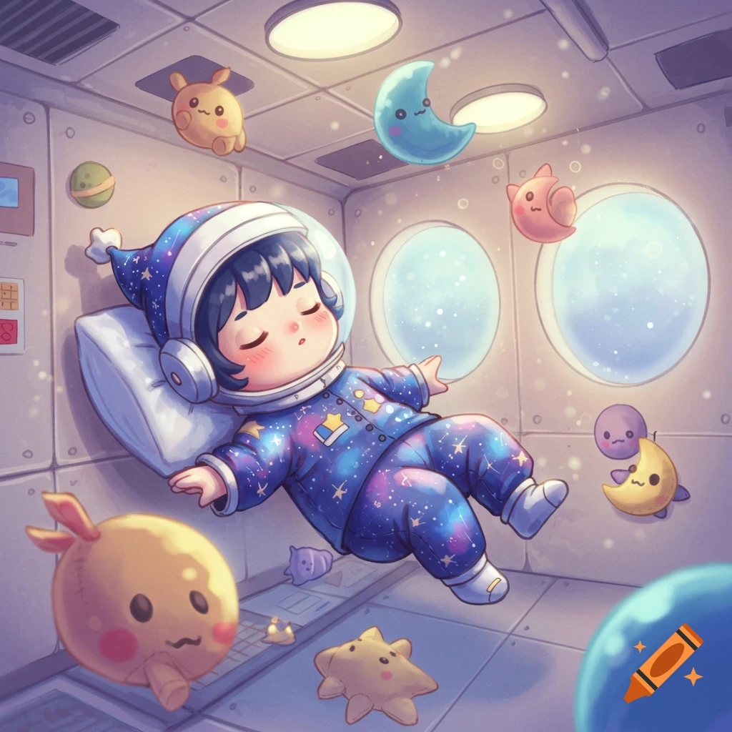 Kawaii child astronaut in galactic pajamas floats asleep in a spaceship, surrounded by cute plush space toys.