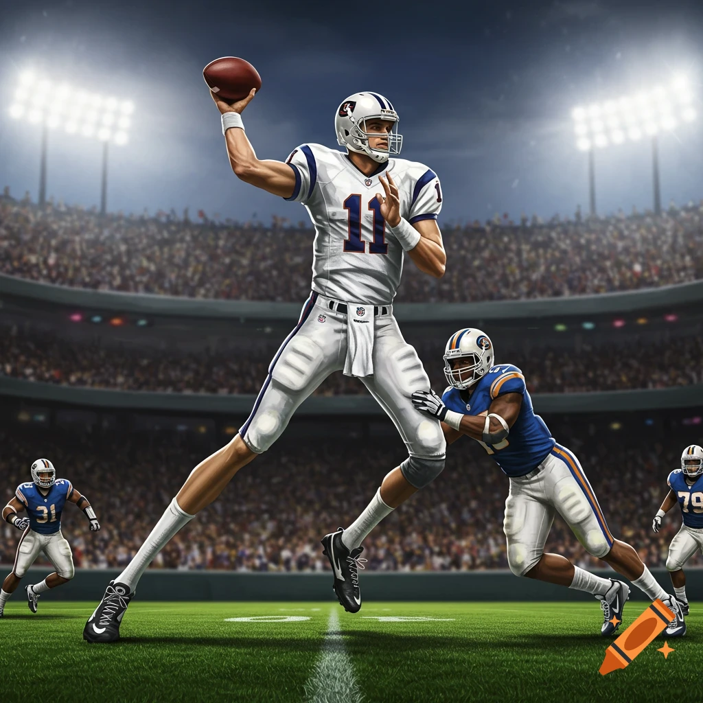 A super tall football quarterback with stick legs throws a football in a stadium, while an opposing player tries to tackle him. Photorealistic.