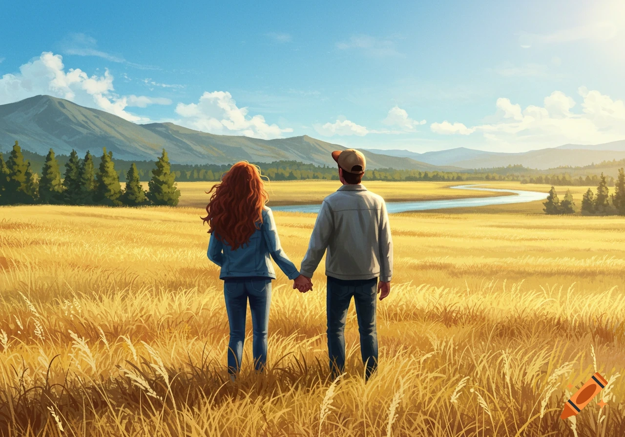 A couple holding hands, viewed from behind, standing in a golden field with mountains and a winding river under a blue sky.