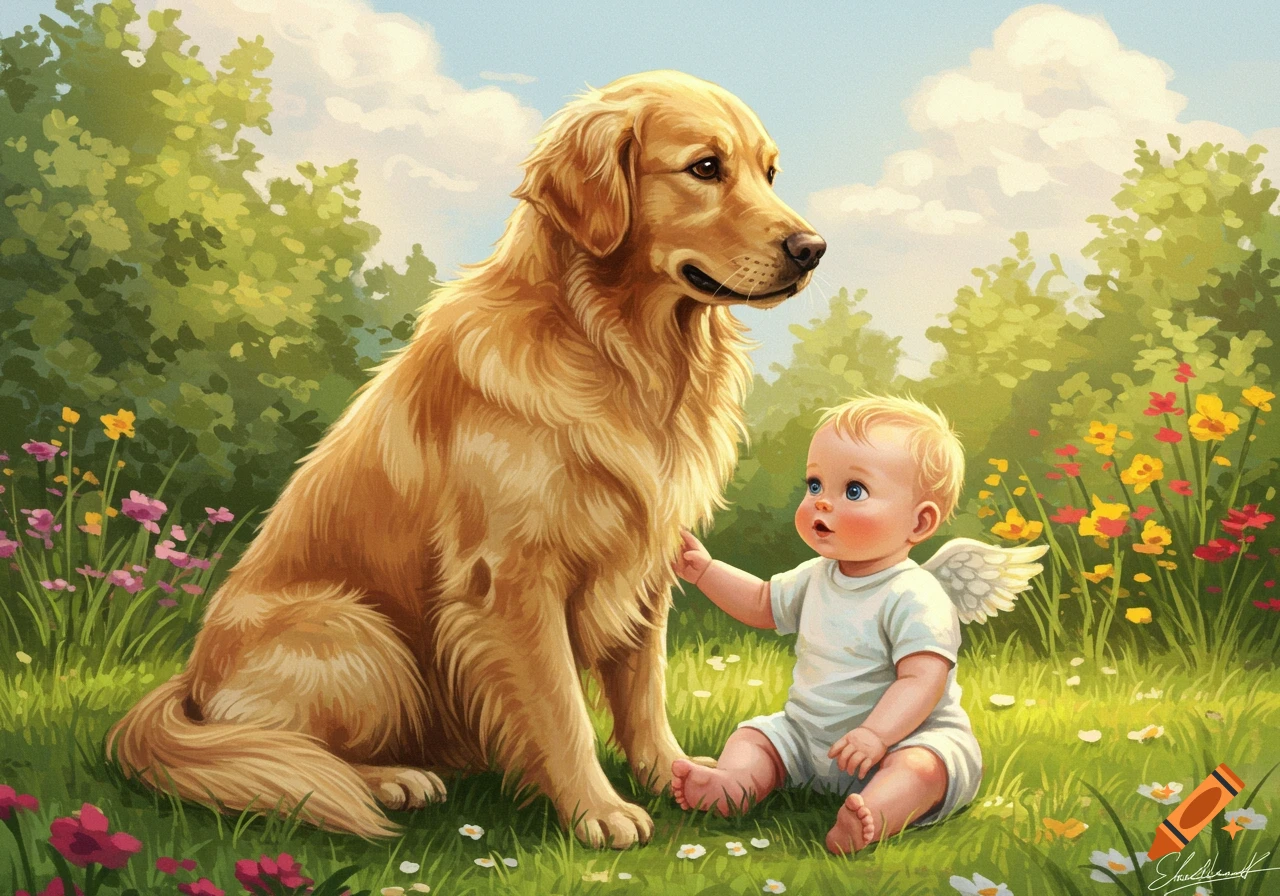 A golden retriever sits beside a baby with tiny wings in a field of colorful flowers, illustration style.