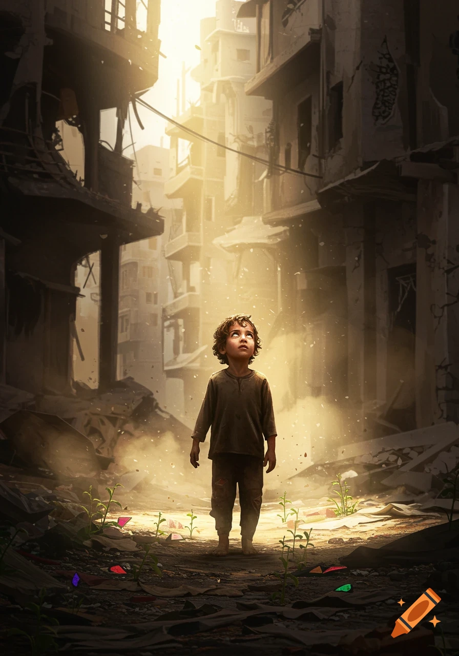 A young child stands in a dusty, ruined city street, looking up into a bright sky, with small green shoots emerging from the debris.