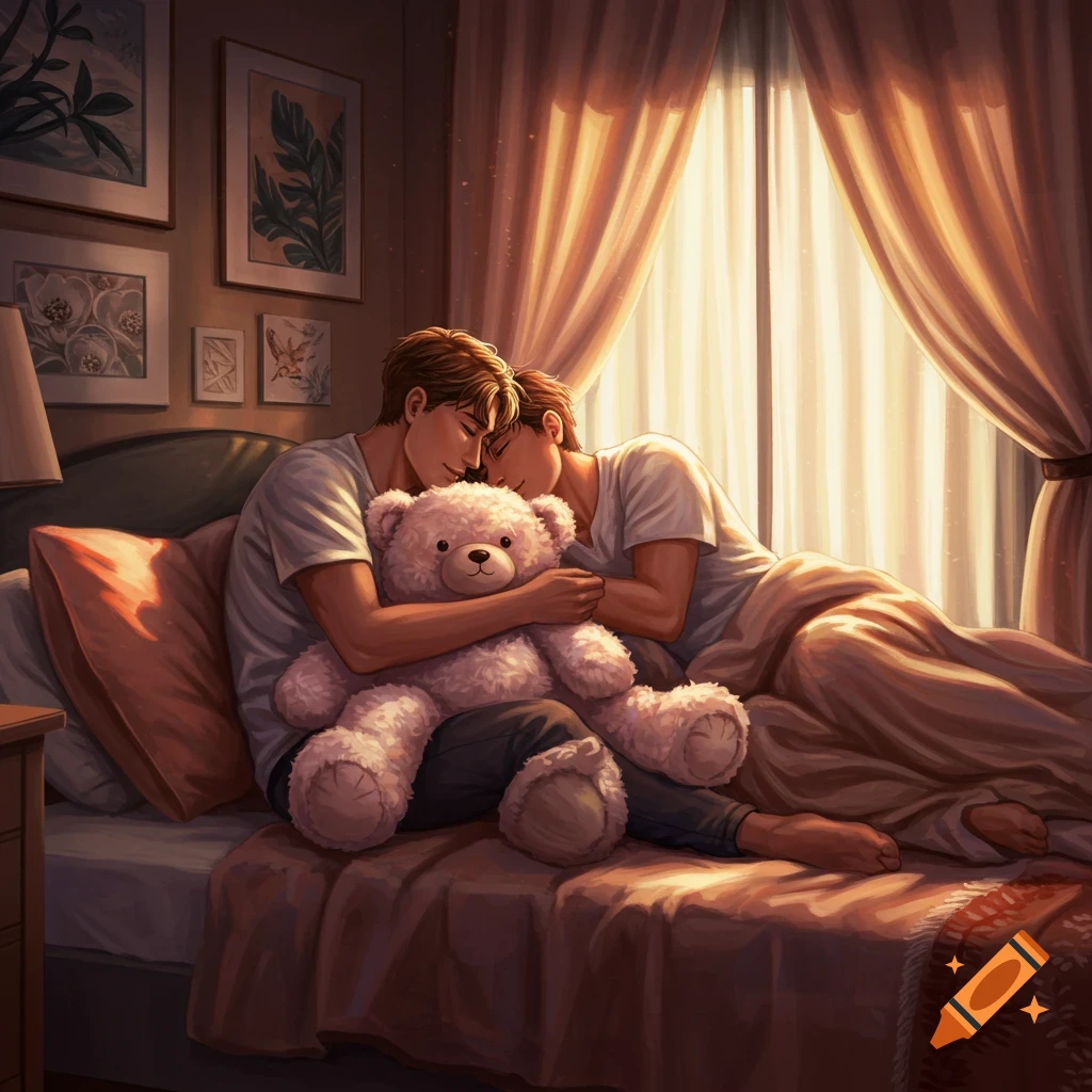 Illustrated gay couple cuddling in bed with a teddy bear in a warm, softly lit room.