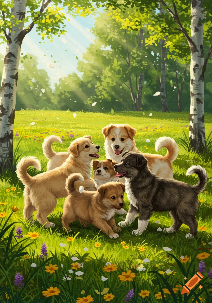 Several adorable puppies playing in a vibrant green, sun-drenched meadow with trees and flowers, in a painterly style.