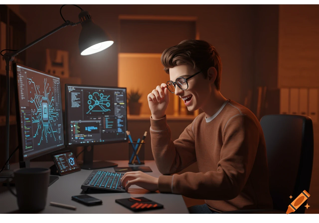 A young man in glasses smiles while typing on a keyboard at a multi-monitor computer desk in a dimly lit tech office.